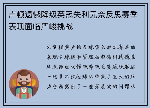 卢顿遗憾降级英冠失利无奈反思赛季表现面临严峻挑战
